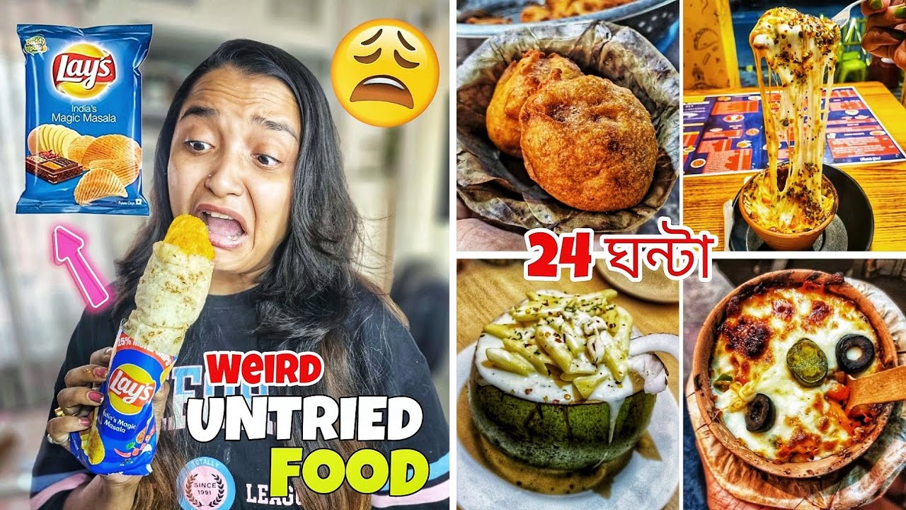 Eating WEIRD STREET FOOD for 24 Hours - FUCHKA Chop, Lays দিয়ে Mutton Roll !! Food Challenge INDIA