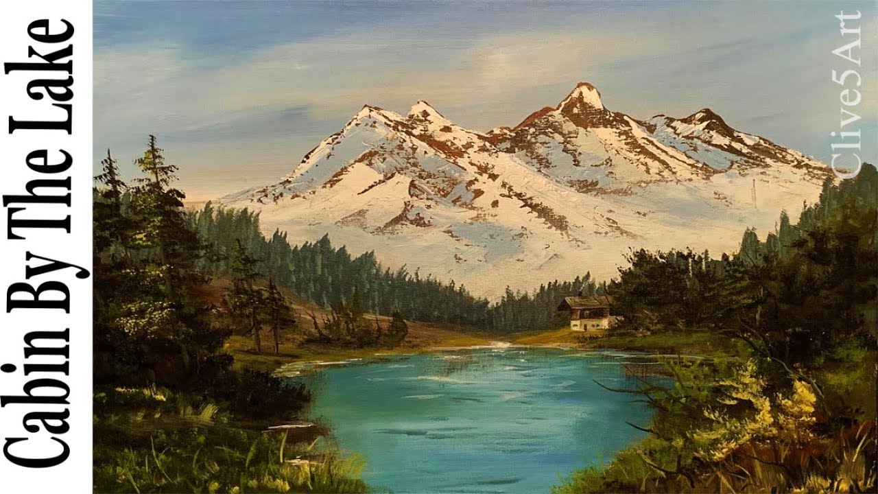 Mountain  and cabin by the lake Painting lesson