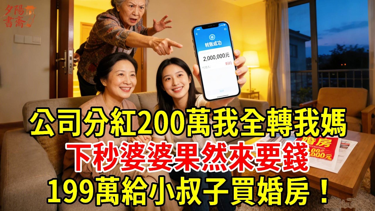 【優秀爽文】公司分紅200萬我全轉我媽，下秒婆婆果然來要錢，199萬給小叔子買婚房！#為人處世#經驗#情感故事#戀愛#情感#婚姻#人生感悟