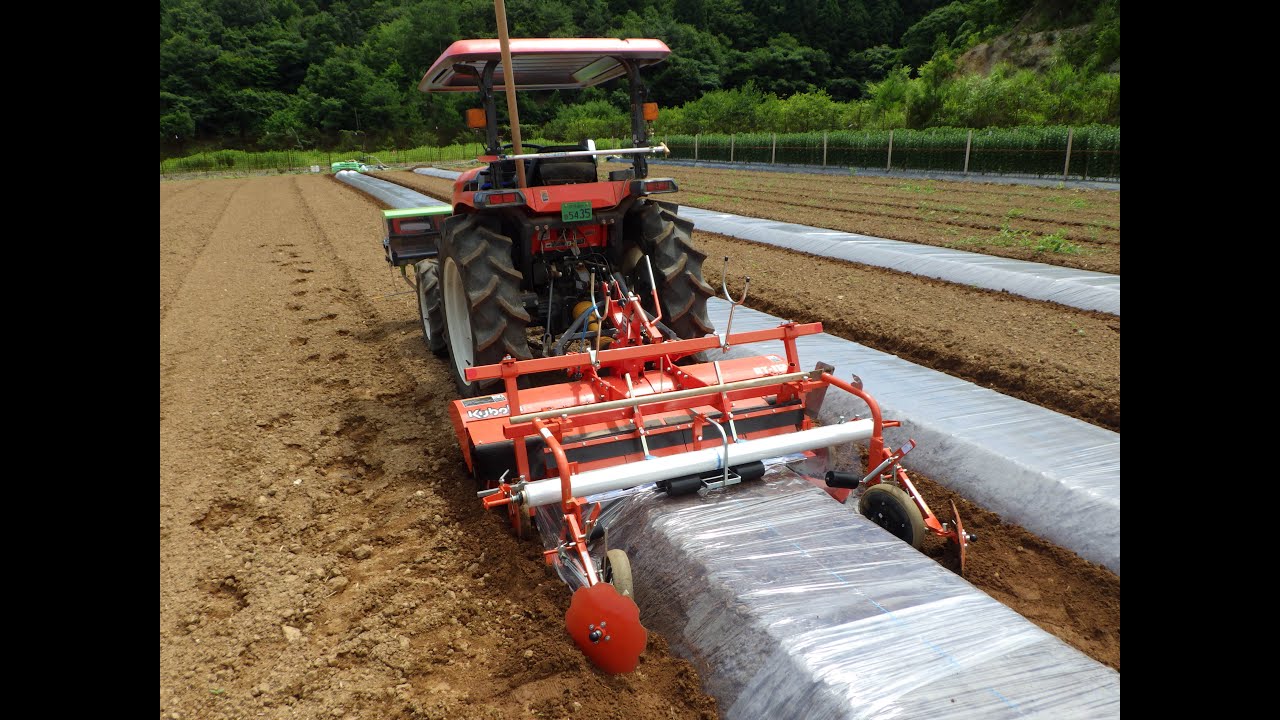 [subtitled]平高畝成形同時マルチ　太陽熱消毒　Soil solarization/Fertilizer application/Ridging/Bed tiller/Mulch laying