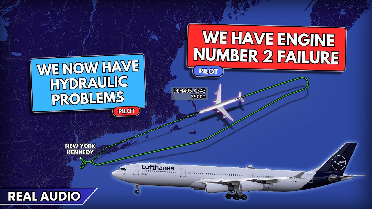 Engine failure and hydraulic problems. Lufthansa Airbus A340 returns to JFK Airport. Real ATC