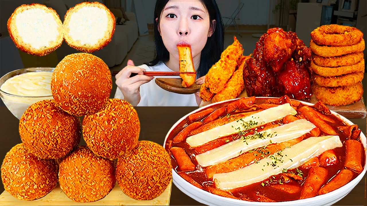 ASMR MUKBANG | Сырные токпокки, шарики из сливочного сыра, курица с приправами. Употребление пищи.