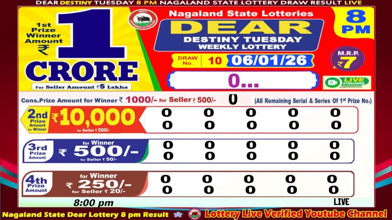 Dear destiny tuesday weekly lottery 8:00 PM Date of todays live draw result 06.01.2026