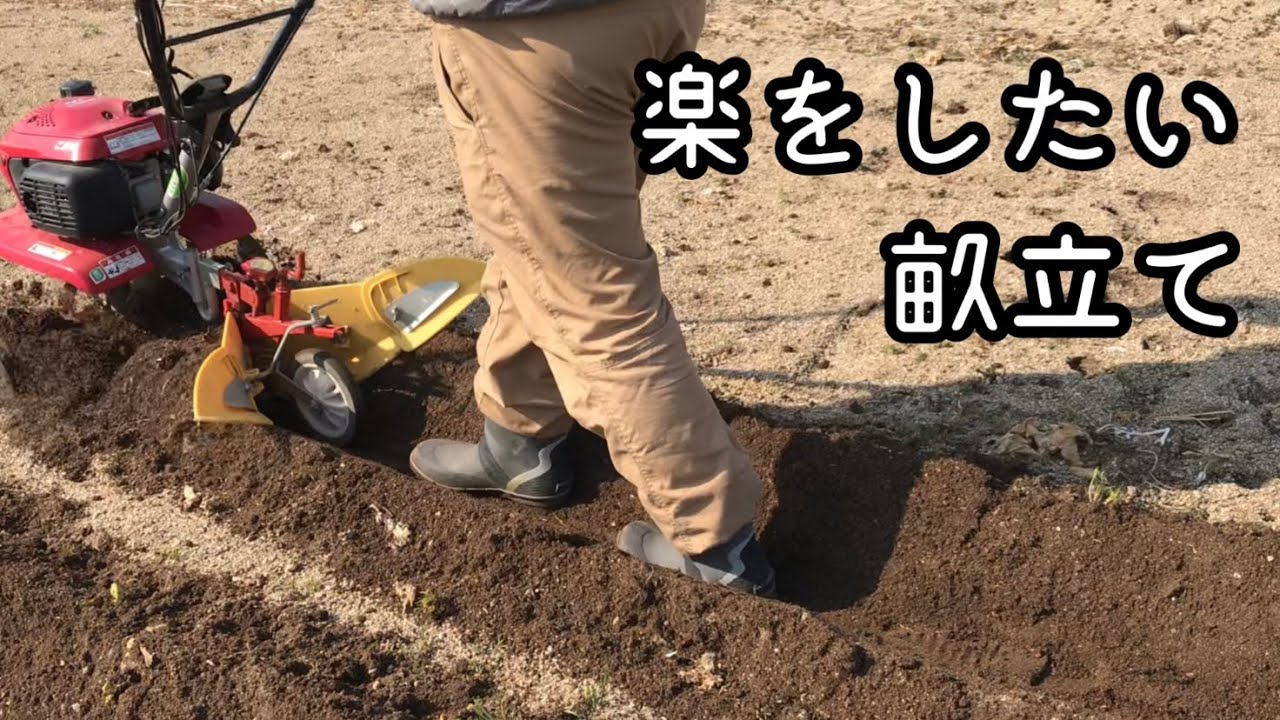 体への負担軽減と時間短縮の為、こまめを使って台形の畝が出来ないか考えました。