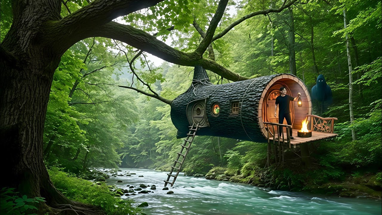 Building a Warm and Cozy NEST Bushcraft tree house, Survival shelter, tree house 