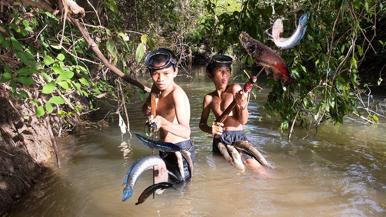 Survival Hunting Fish - Smart Boys Fishing With Spearfishing | Cambo Trap Techniques Fishing