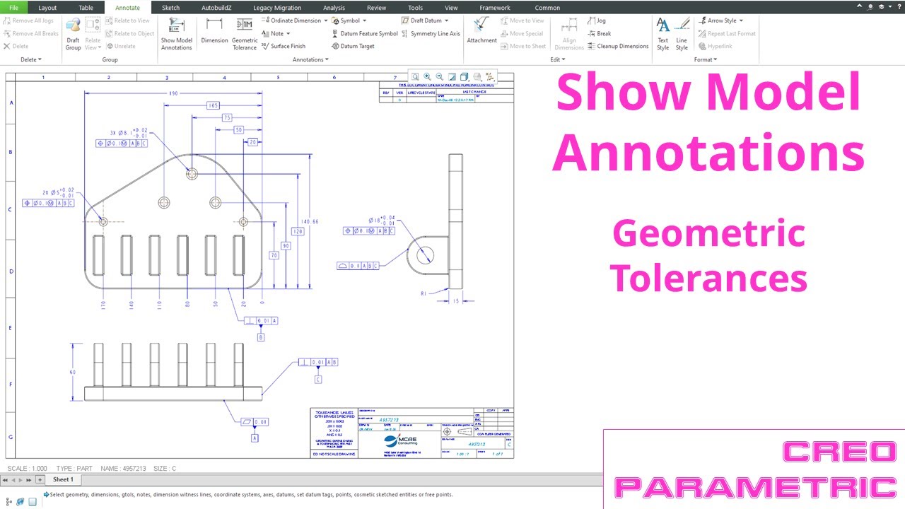 Creo Parametric - Drawings - Show Model Annotations Part 2 - Geometric Tolerances and Axes