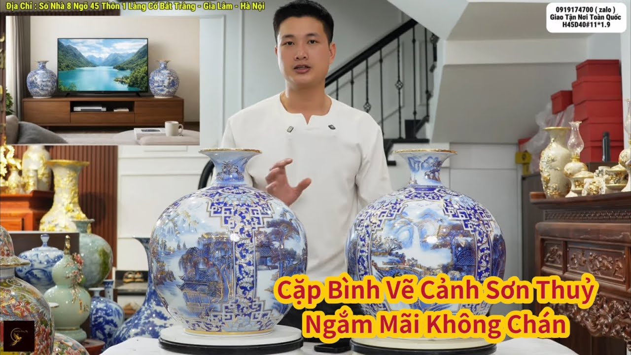 BÌNH HÚT TÀI LỘC - BÌNH GỐM SỨ VẼ CẢNH SƠN THUỶ #gomsucaocap #phongthuy #battrangvietnam