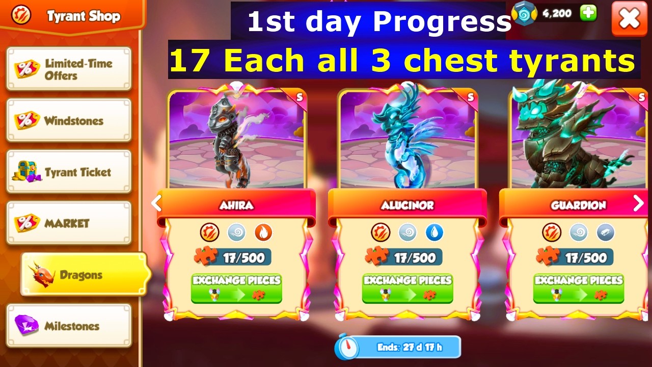 First day open 100 tyrant chest in Nostrano event   17 each Guardion, Alucinor, Ahira Dragon piece
