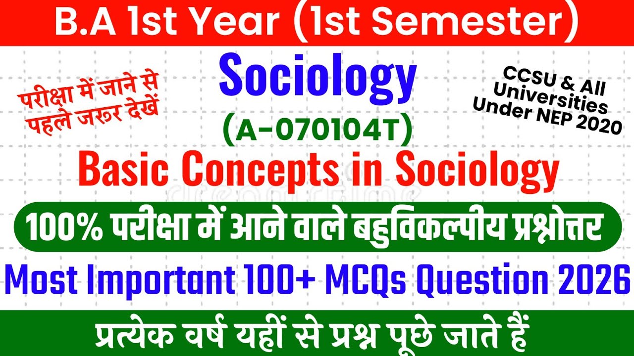 B.A 1st Semester Sociology (Basic Concepts in Sociology) Important 100 + MCQs Questions 2026 CCSU.