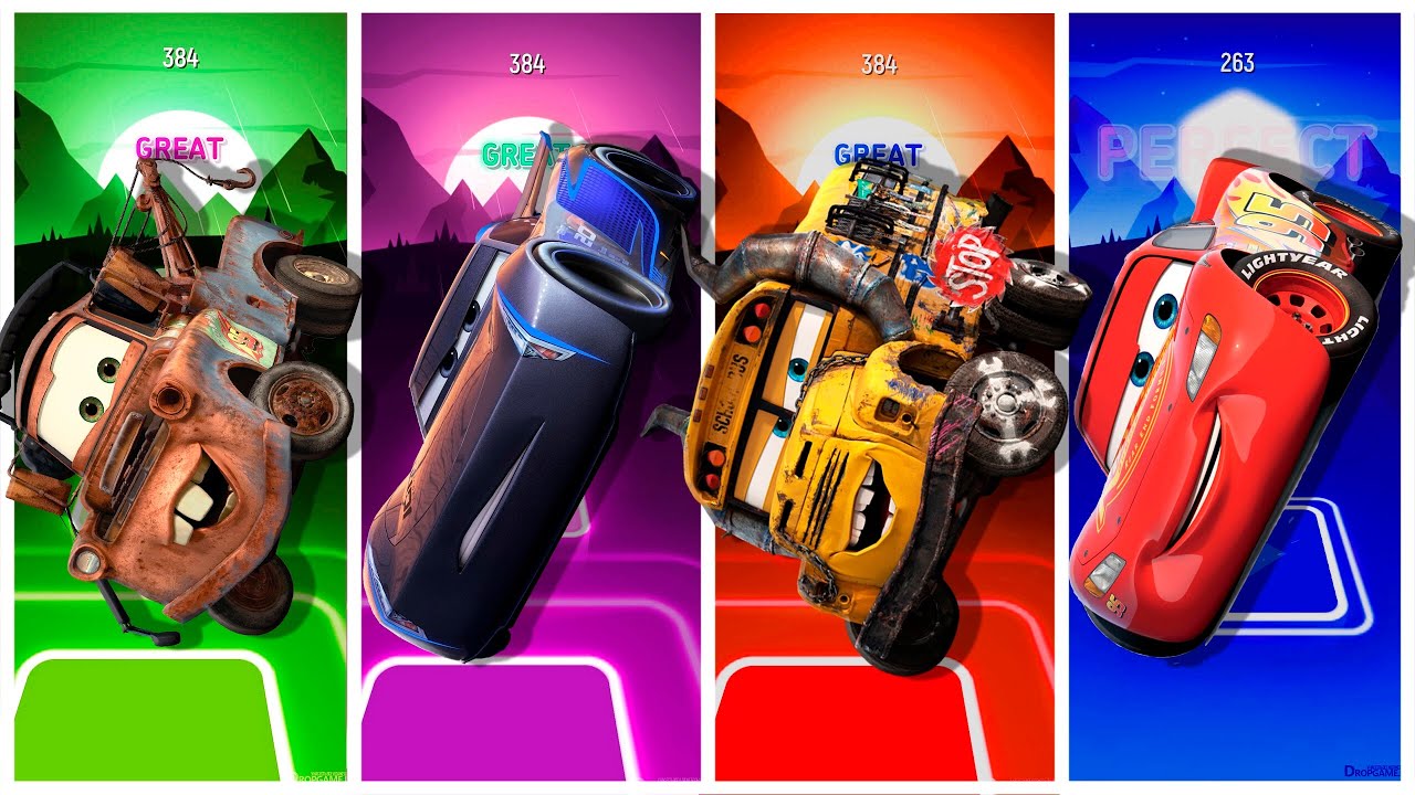 Tow Mater 🆚 Jackson Storm ⛈ 🆚 Mr Fritter 🆚 McQueen | Who will win | Tiles hop edm rush