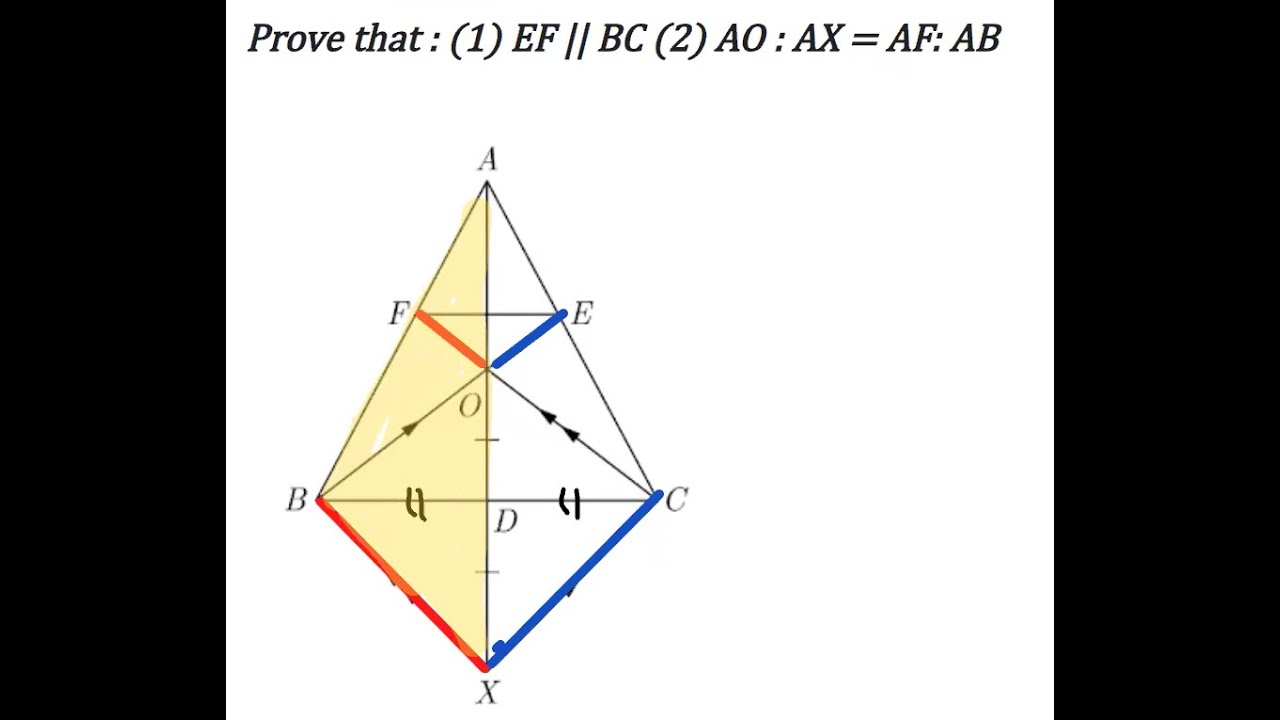 In △ABC A, D is a median and O is any point on AD  BO and CO on producing meet AC and AB at E and F
