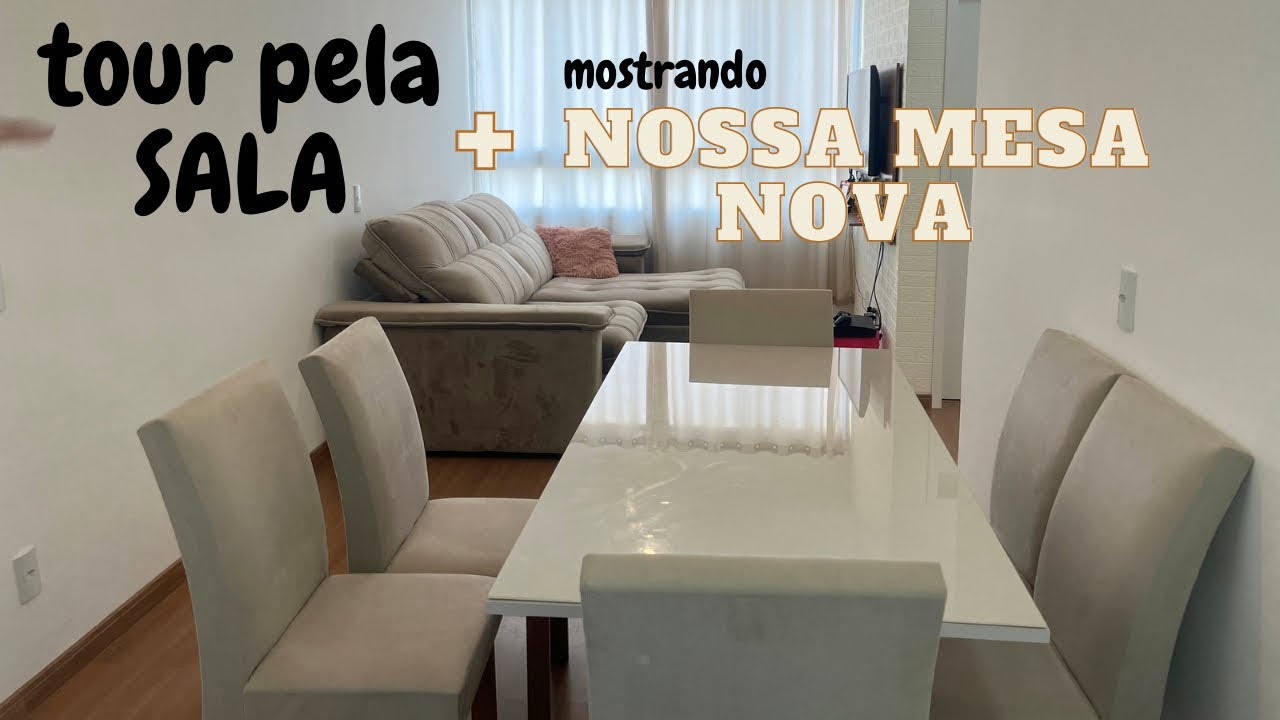 Tour pela sala + Nossa Mesa Tampo de Vidro 6 Cadeiras Espanha Yescasa Ypê/Off White/Tecido Pena