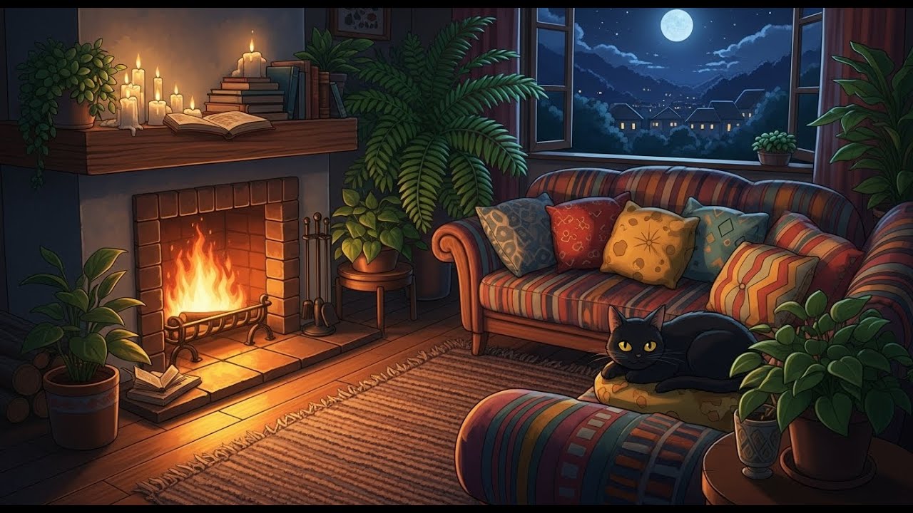 Cozy Cabin Fireplace at Night 🔥🌙 | Relaxing Lofi Music for Sleep