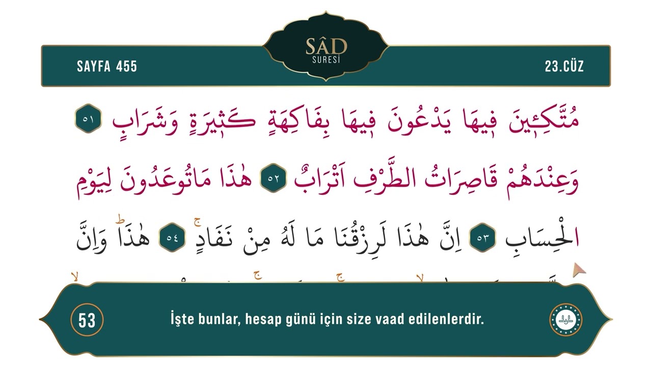 Diyanet Ok Takipli Hatim 23. Cüz - Kur'an-ı Kerim 455. Sayfa - Sâd Suresi 43-61. Ayetler