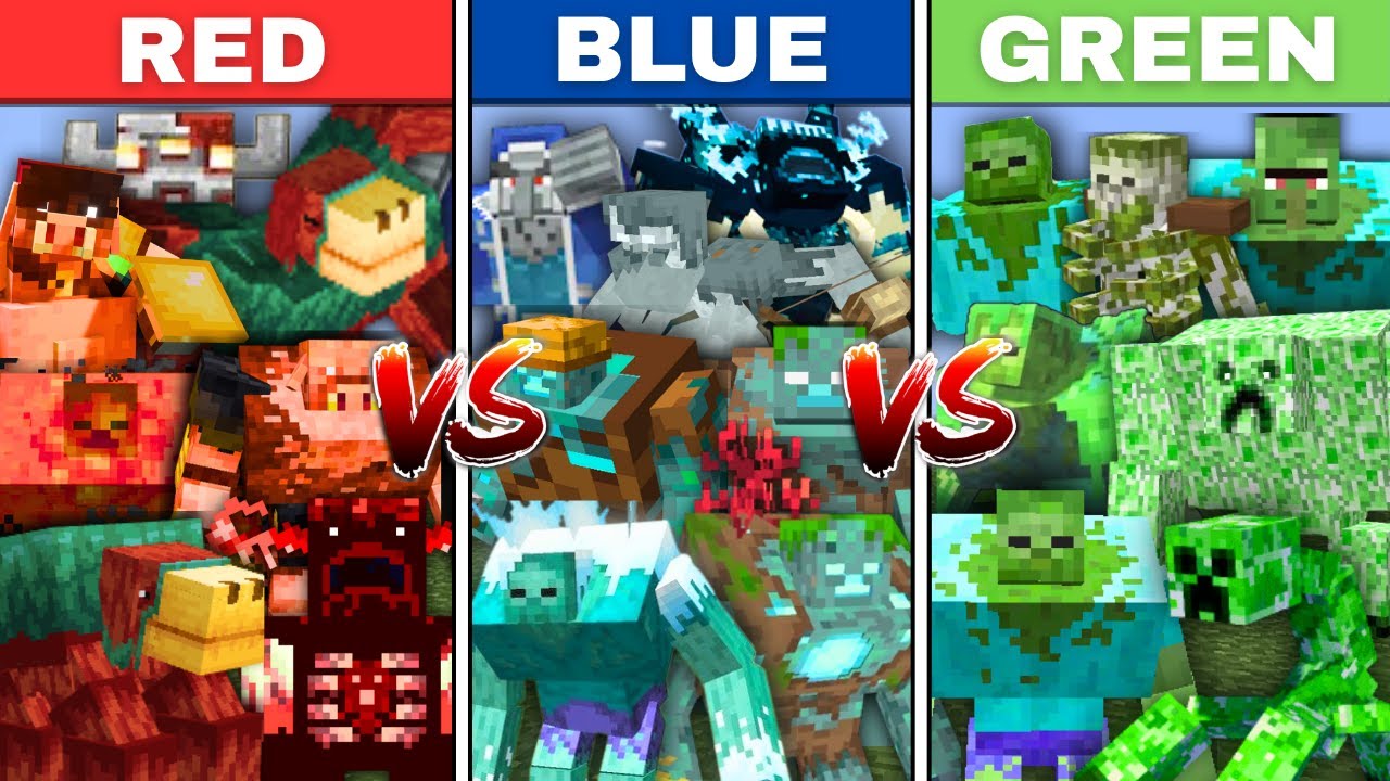 ALL RED vs ALL BLUE vs ALL GREEN MUTANT MOBS in Minecraft Mob Battle