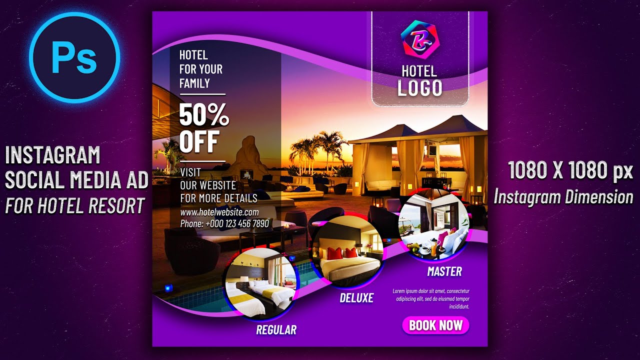 Instagram Social Media AD Design For Hotel Resort | Social Media Post Design | Photoshop Tutorial