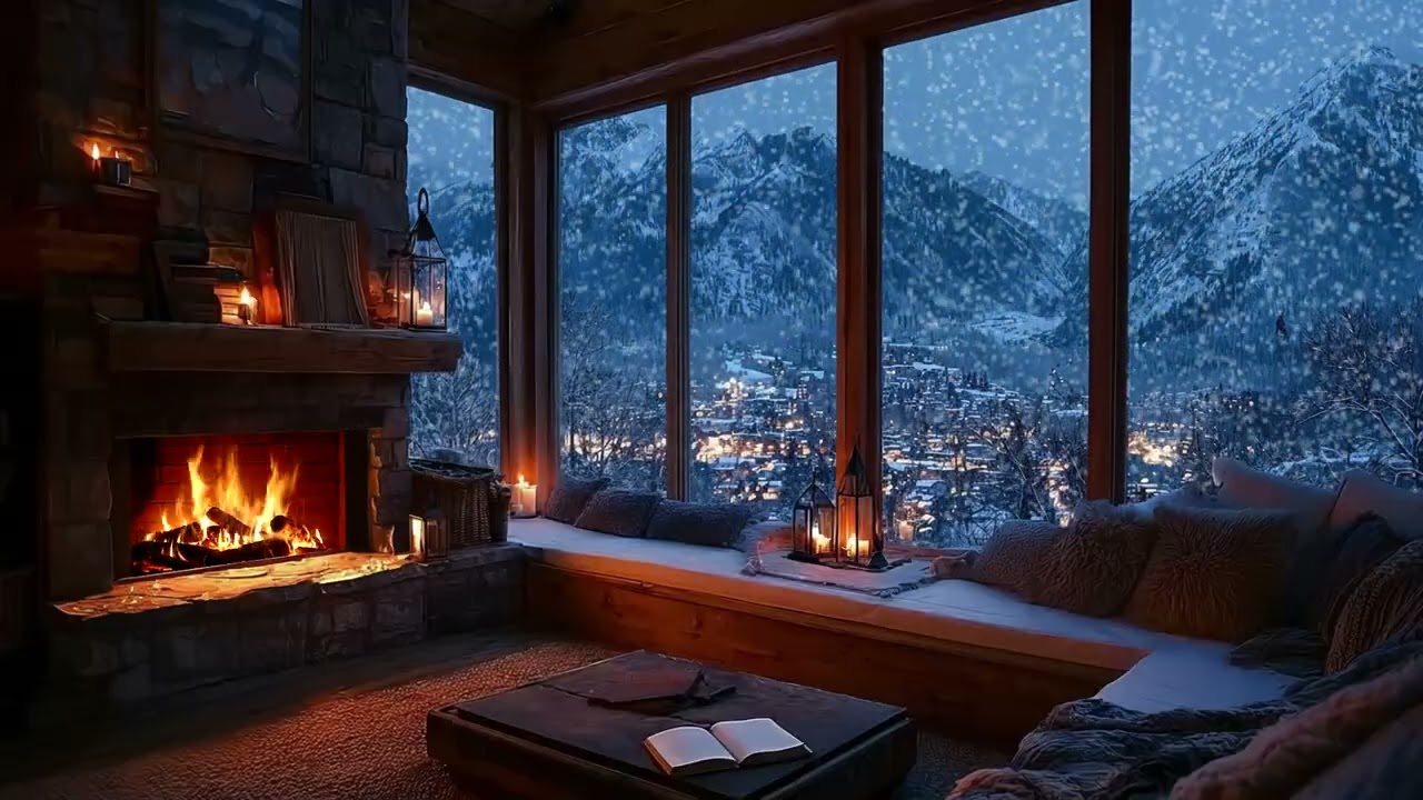 Calm Winter Cabin Snowstorm with Soft Fireplace Crackling for Deep Sleep & Relaxation