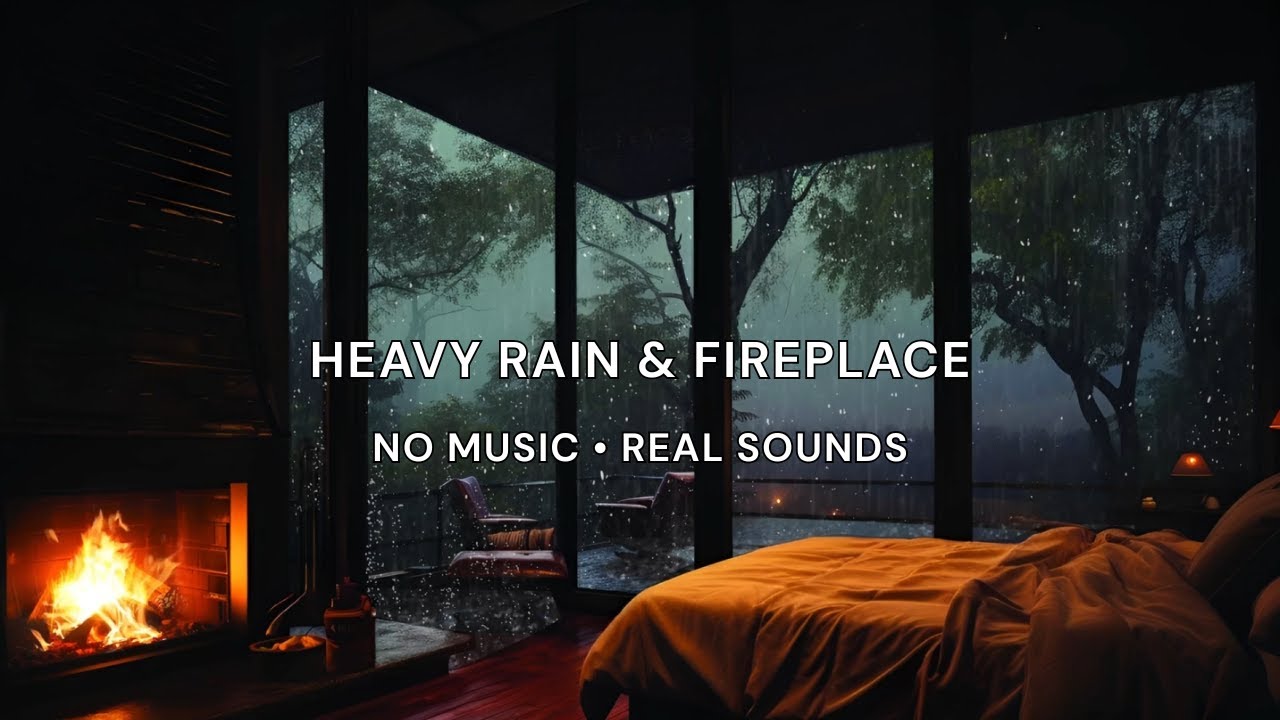 Heavy Rain & Fireplace Crackling | Indoor Cozy Ambience