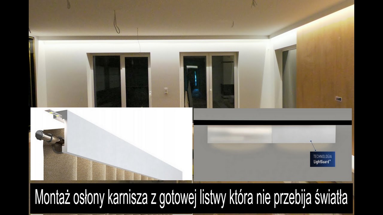 Osłona karnisza, zabudowa karnisza, maskownica karnisza z gotowej listwy, oraz oświetleniem LED.