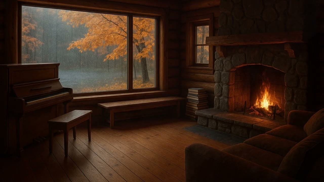 Autumn Rain Felt Piano for Reading – Fireplace Background for Study & Focus