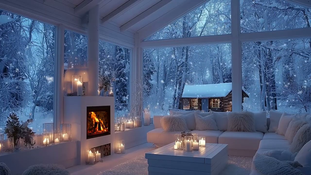Peaceful Piano Ambience with Crackling Fireplace and Snowy Night Beyond the Window