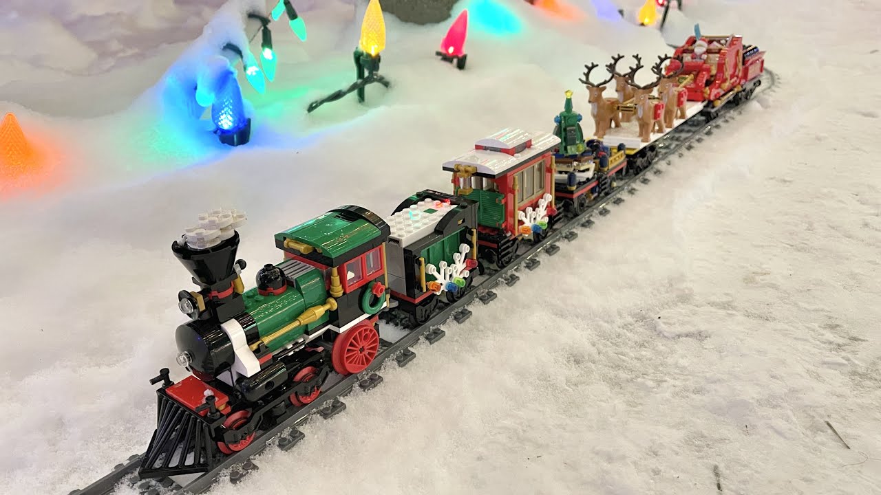 Outdoor LEGO Train Through a Christmas Light Display
