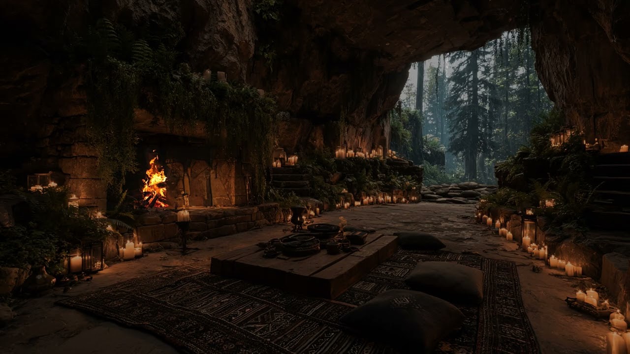 Echoing Midnight Rainfall in a Hidden Jungle Cave | Deep Thunder & Cozy Firelight Glow