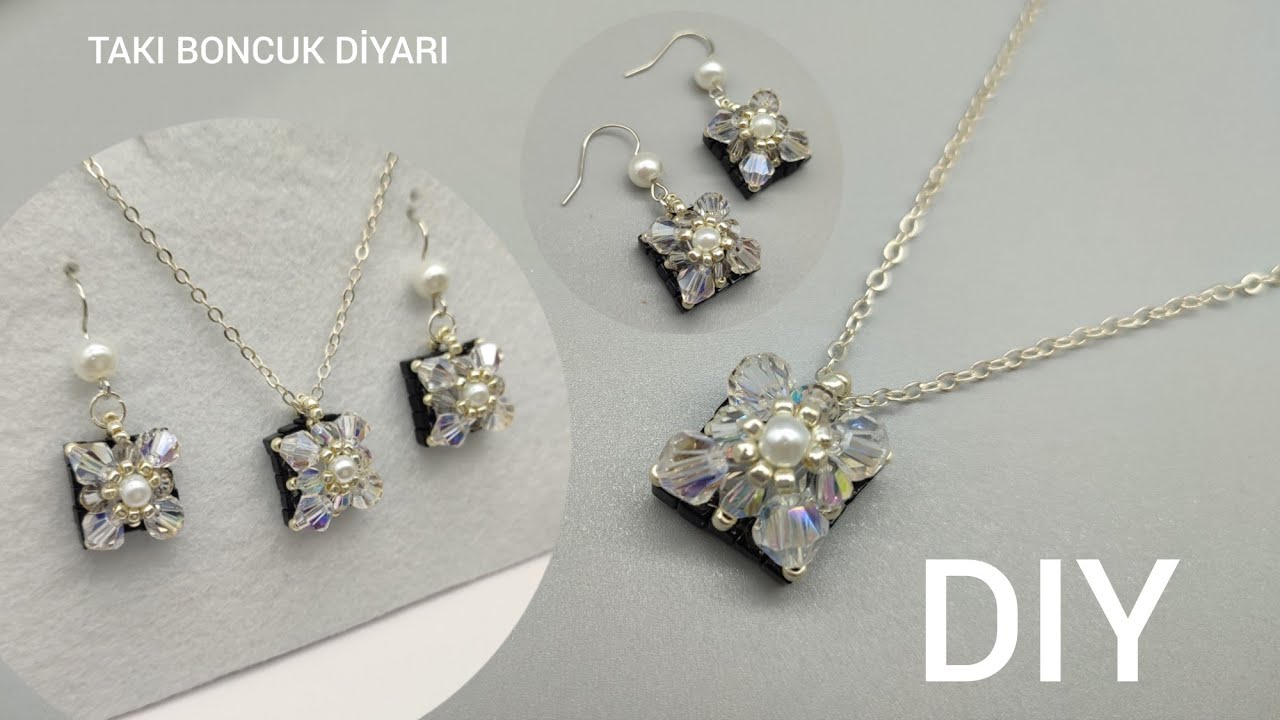 Küp şeklinde kristal takı seti. Kolye küpe yapımı. Bicone jewelry set. Necklace earring making. DIY