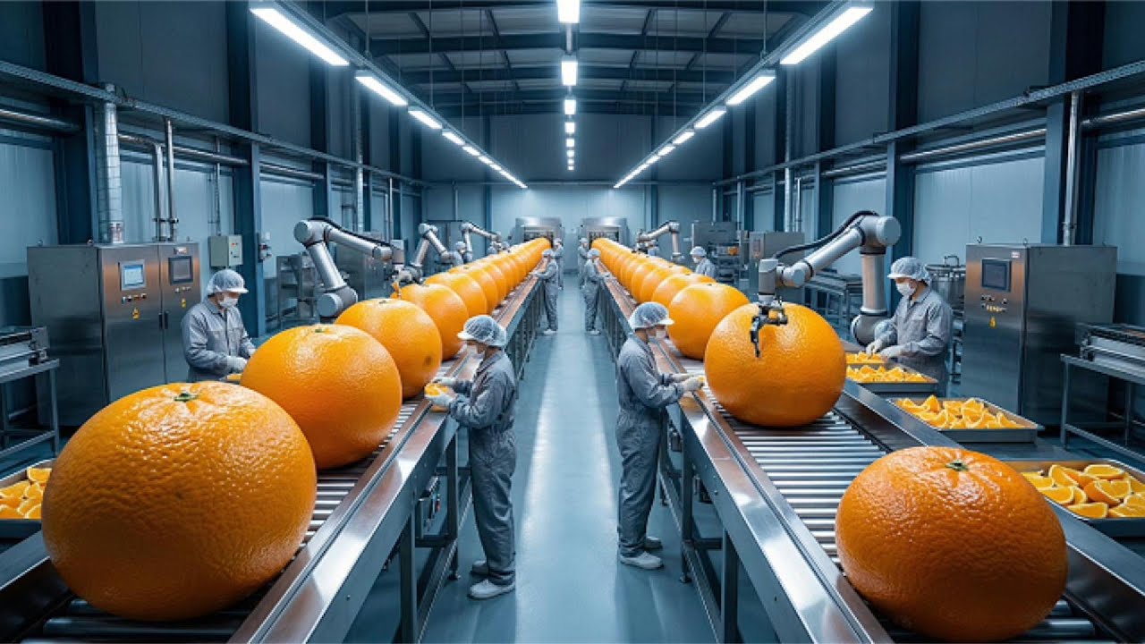 Proceso de producción: De naranjas frescas a jugo enlatado en una fábrica moderna