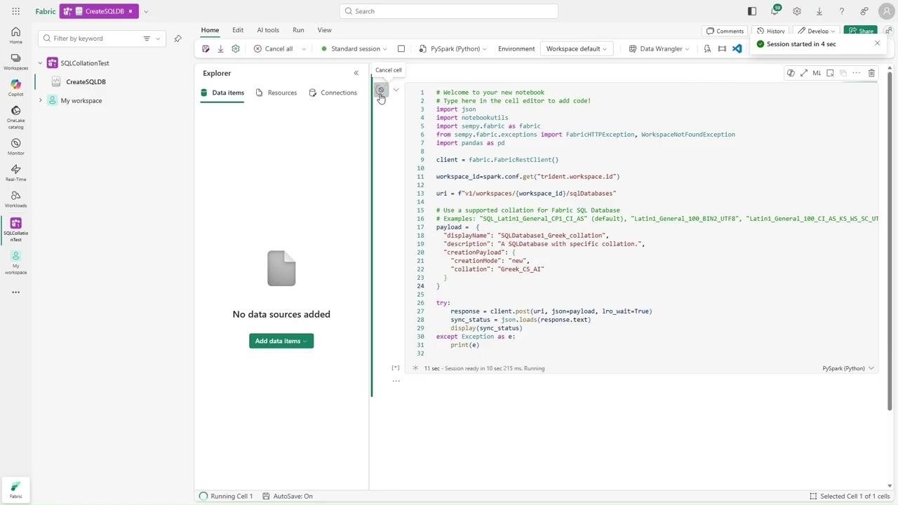 Как установить разные параметры кодировки для базы данных SQL в Fabric
