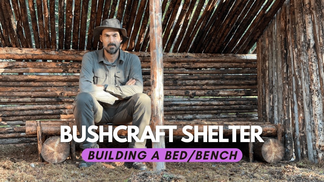 BUSHCRAFT SHELTER: Building a bed/bench (ep. 5)
