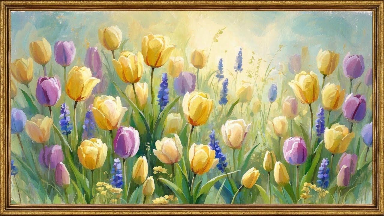 Dreamy Tulip Meadow Painting | 4K Gold Frame TV Art Screensaver | Relaxing Spring Floral Wallpaper