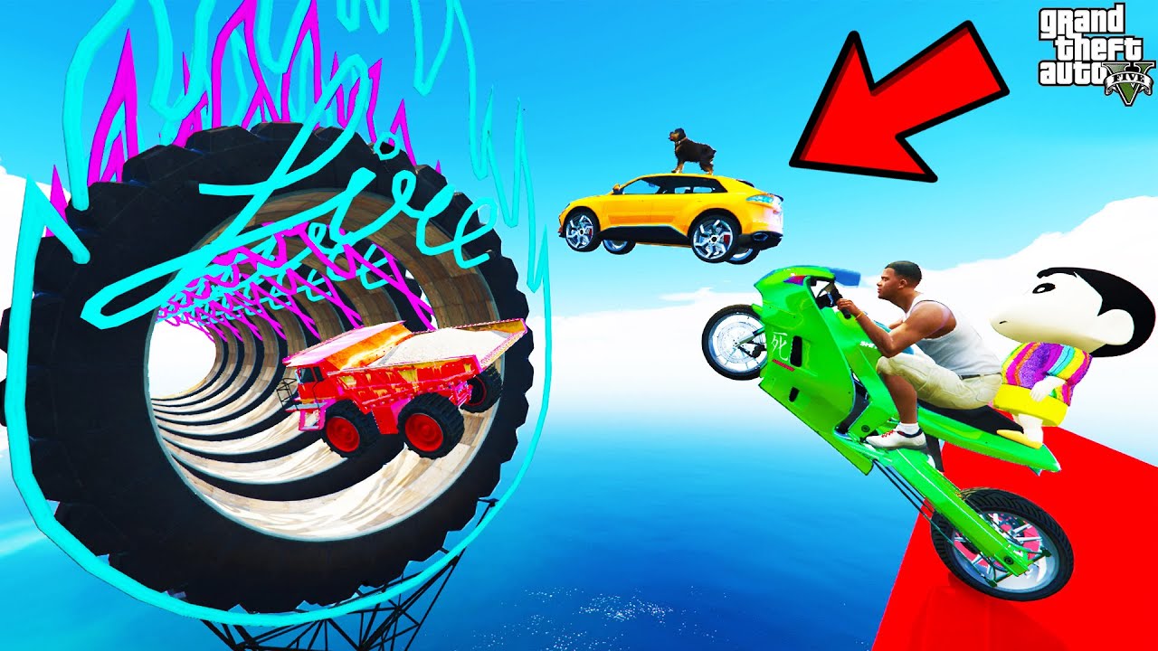 FRANKLIN TRIED IMPOSSIBLE FIRE TYRE MEGA RAMP PARKOUR CHALLENGE CARS BIKES GTA 5 | SHINCHAN and CHOP