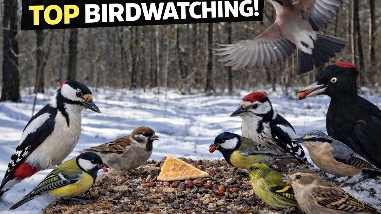 Winter Forest Bird Feast — Jays, Woodpeckers, Tits & Sparrows  ASMR 4K