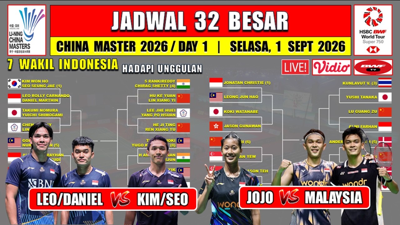Jadwal 32 Besar China Master 2026 Day 1 ~ LEO/DANIEL vs KIM/SEO ~ JOJO vs MALAYSIA ~ 7 WAKIL INA