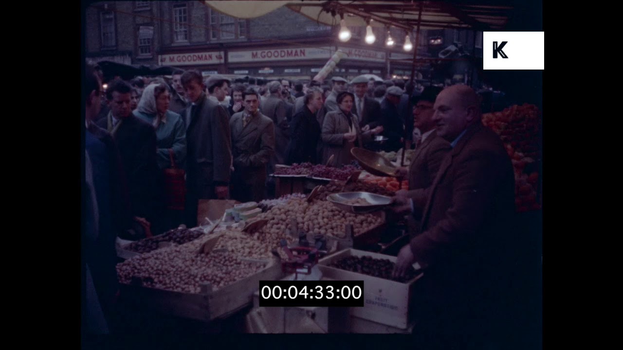 Bustling Market in 1950s London, HD from 35mm