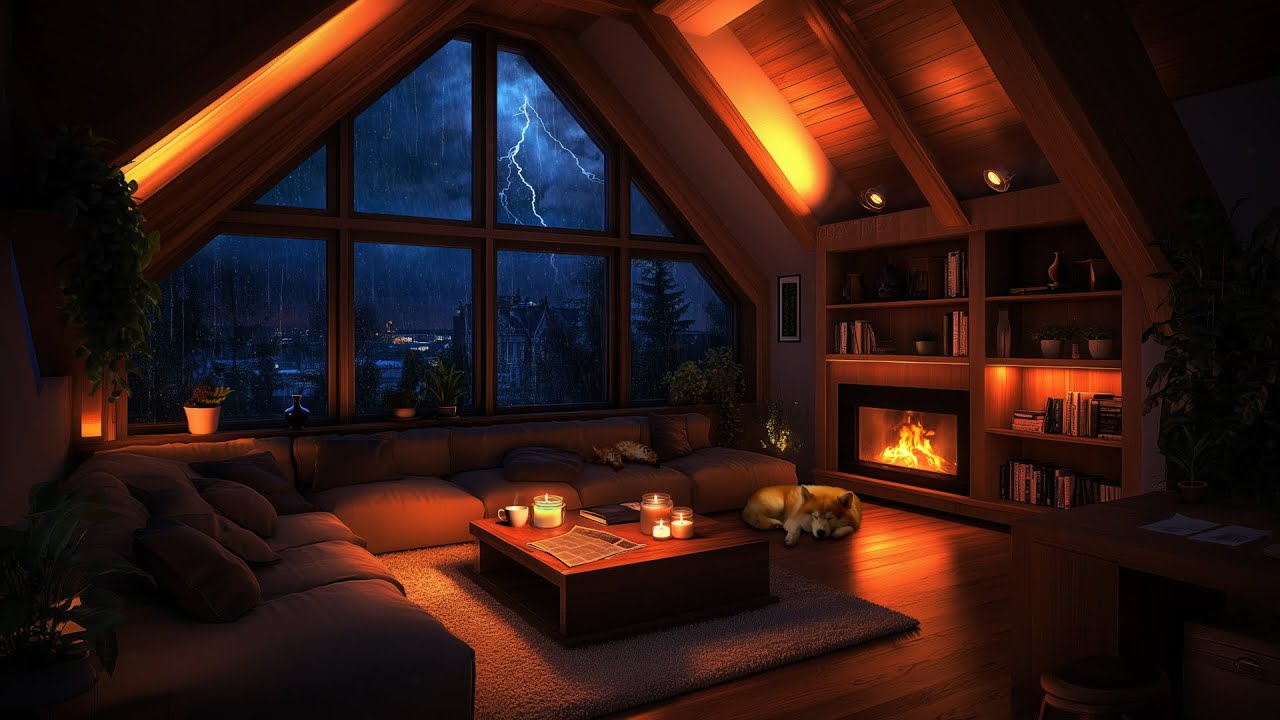 Thunderstorm Ambiance in a Cozy Loft | Rain, Lightning & Warm Fireplace