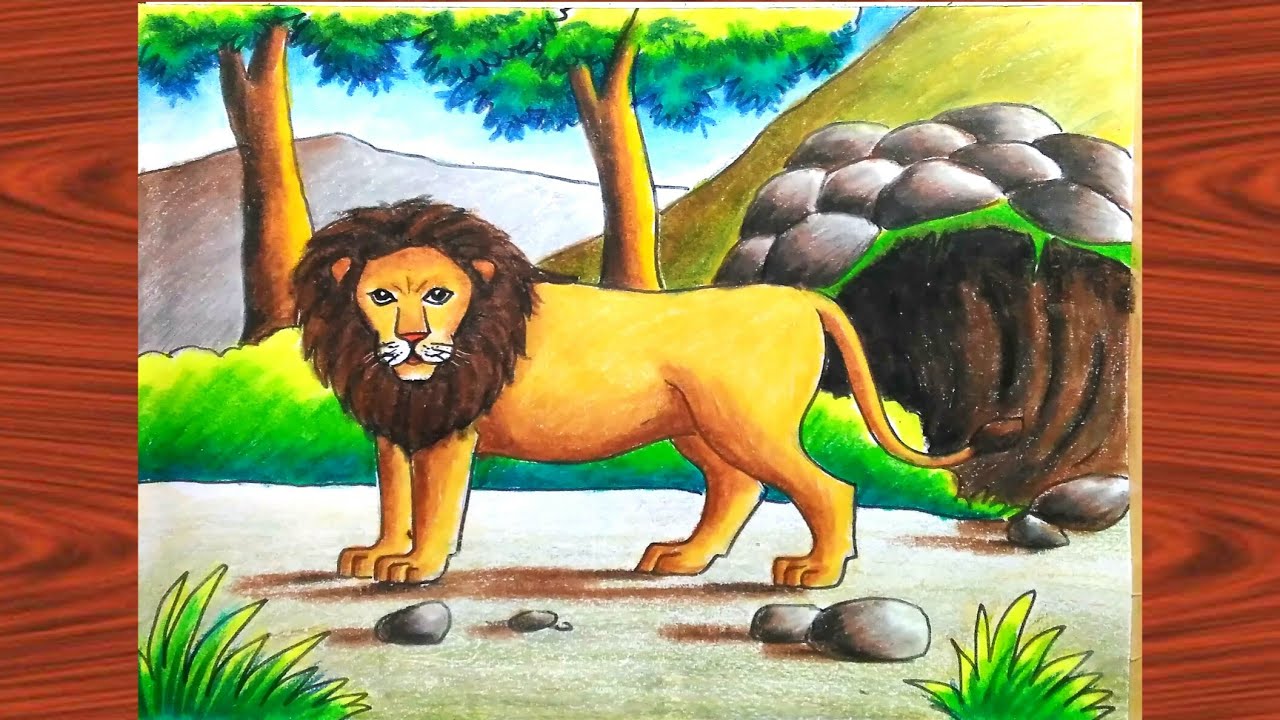 How to draw lion scenery easy step by step /Lion drawing easy with pastel colour