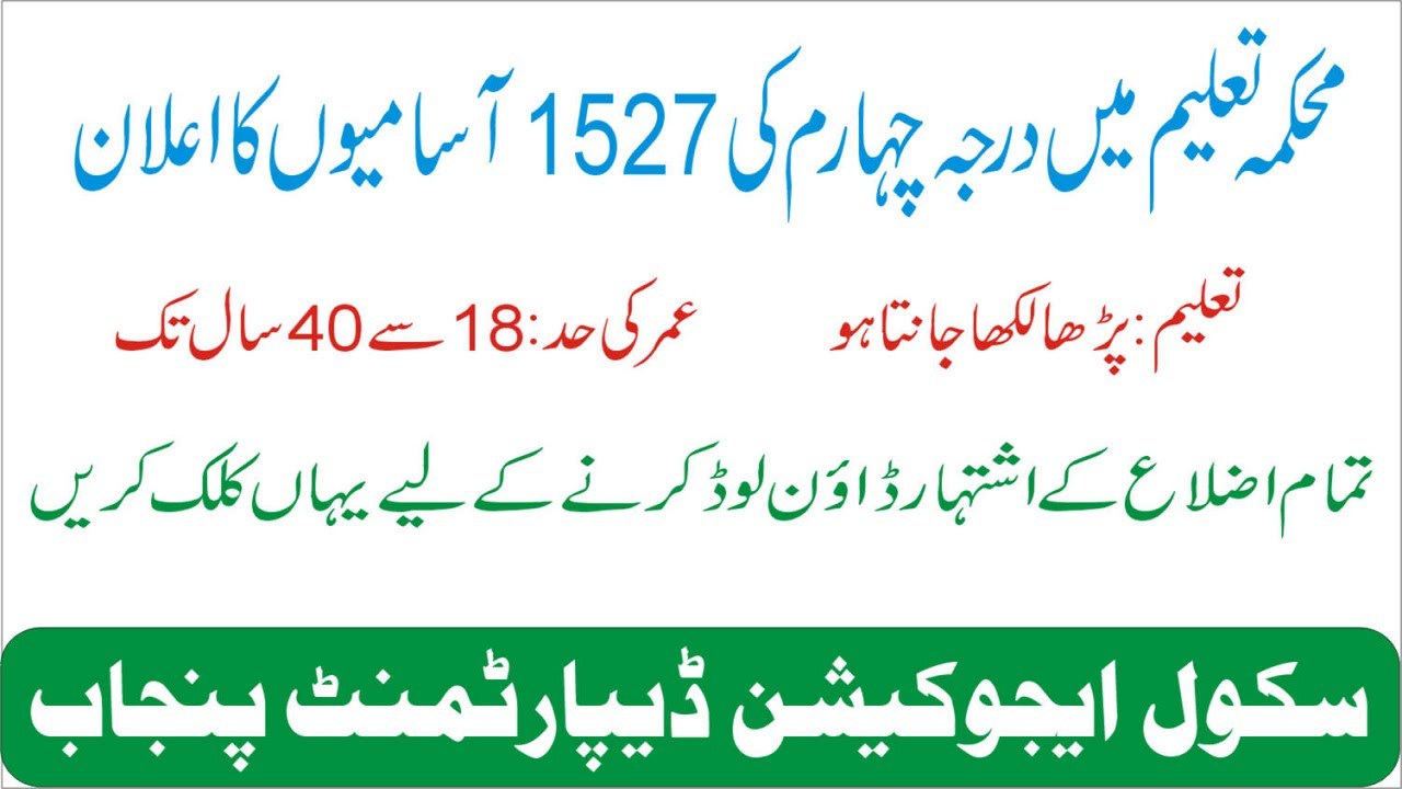 Punjab Education Department Jobs 2020 for Class 4 IV Darja Chaharam | Class 4 Jobs in Punjab Schools