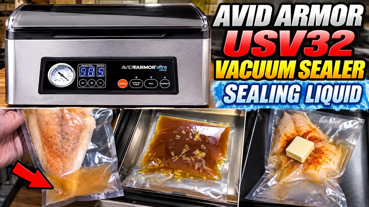 (624) Avid Armor USV32 Chamber Vacuum Sealer Sealing a Bag of Liquid