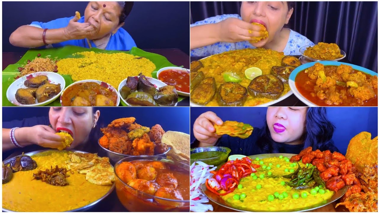 MUKBANG SHOW 👌 EATING KHICHDI WITH JHURI ALOO BHAJA🥵 DAM ALOO BEGUN BHAJA EGG KOSA PAKODA 🤤