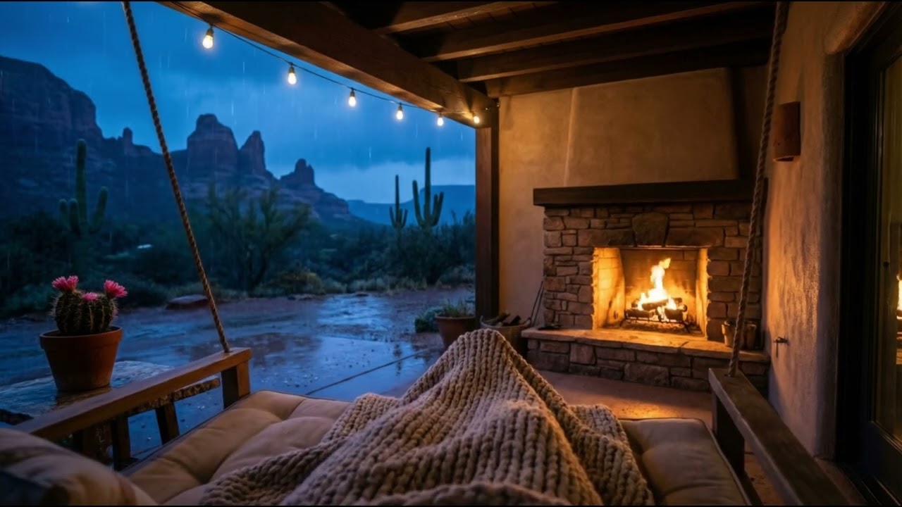 Sedona Porch Swing + Firepit | Rain & Occasional Thunder Ambience | Relax or Sleep (6 Hours)