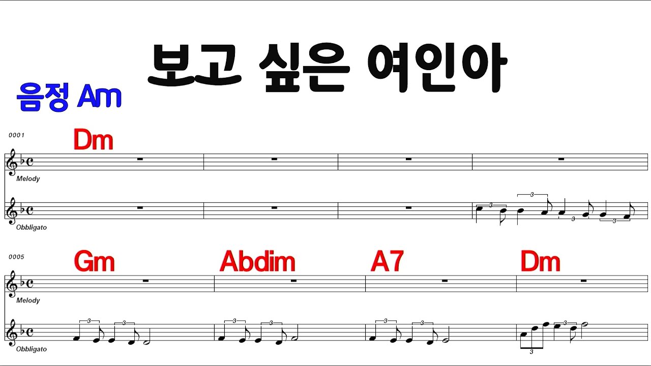 보고 싶은 여인아 조용필  Dm   /M.R 반주 / 전.간주 계명표기 통기타 악보영상