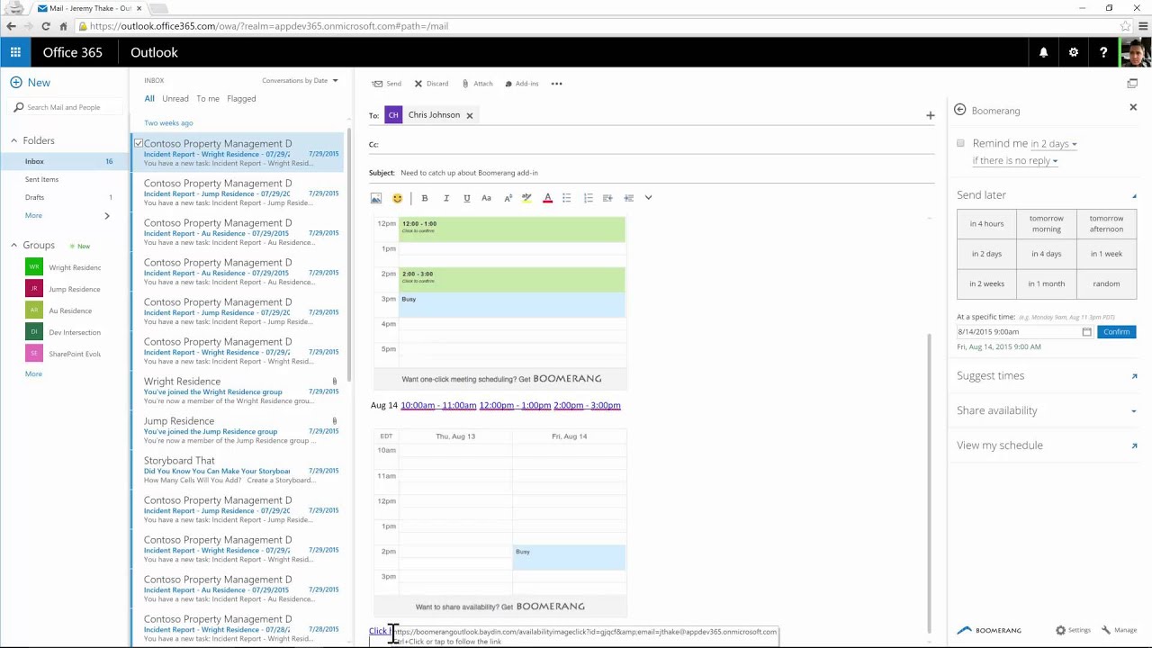 Boomerang Outlook add-in demonstration