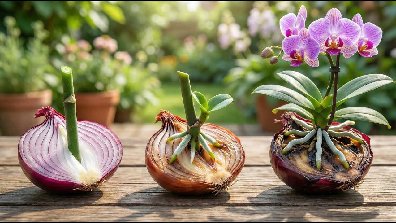 Just an onion! Orchids suddenly take root, sprout, and bloom overnight.