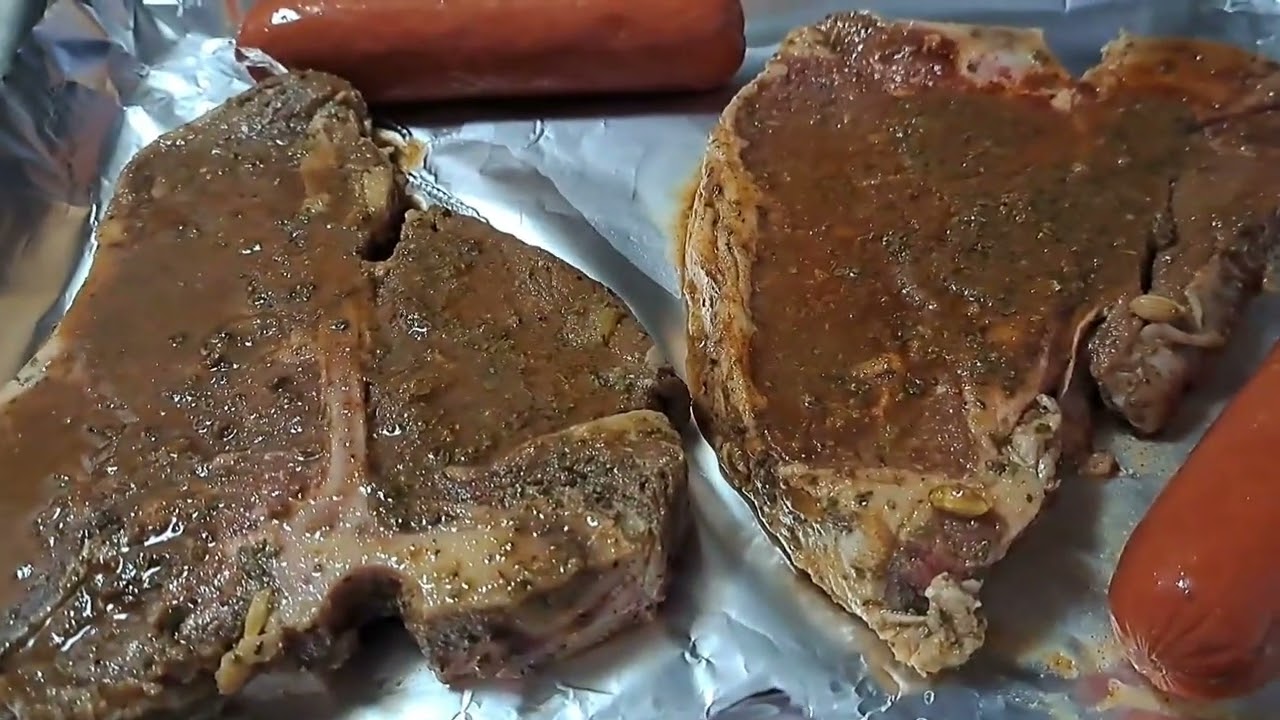 T-Bone steak marinated overnight and just broil it  in Hi, 10mins each side yummy😋