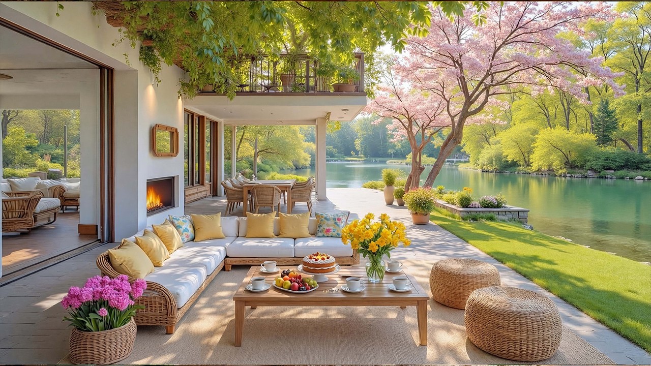 Relaxing Spring Morning at the Lake 🌺 Gentle Piano Music & Fireplace Sounds for Relaxing