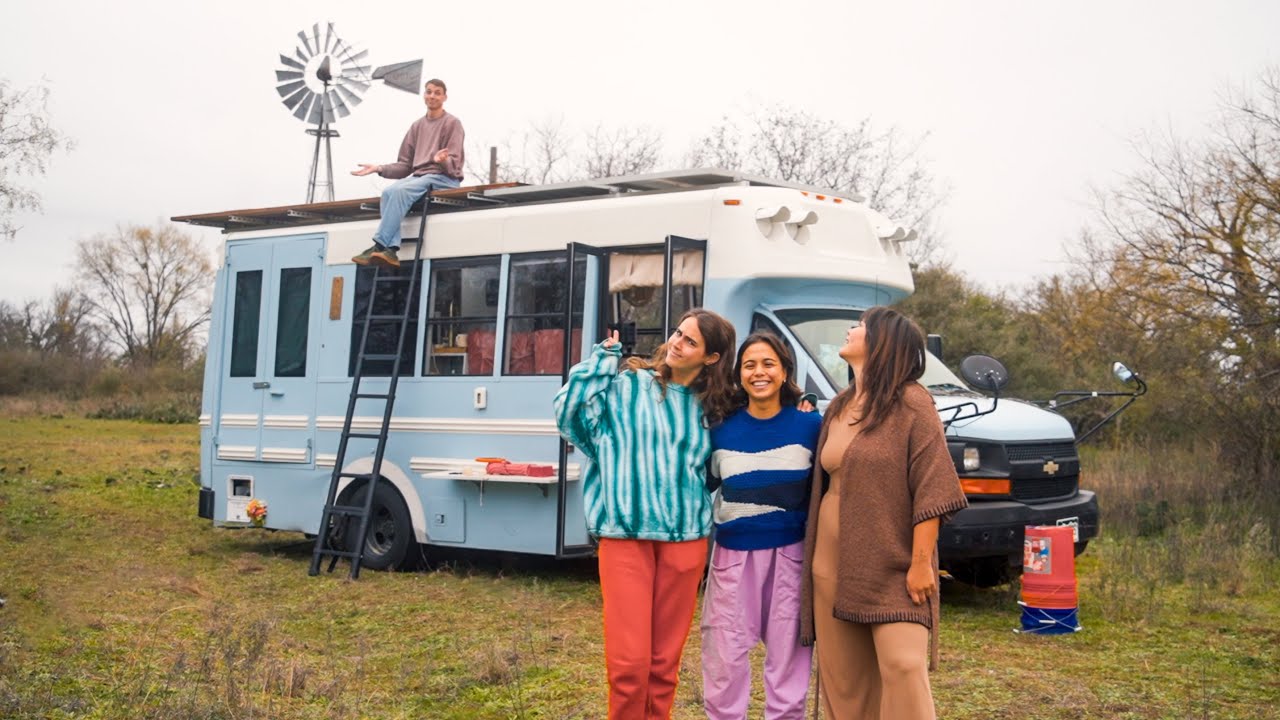 FOUR people living in one schoolbus (it's cozy, that's for sure)