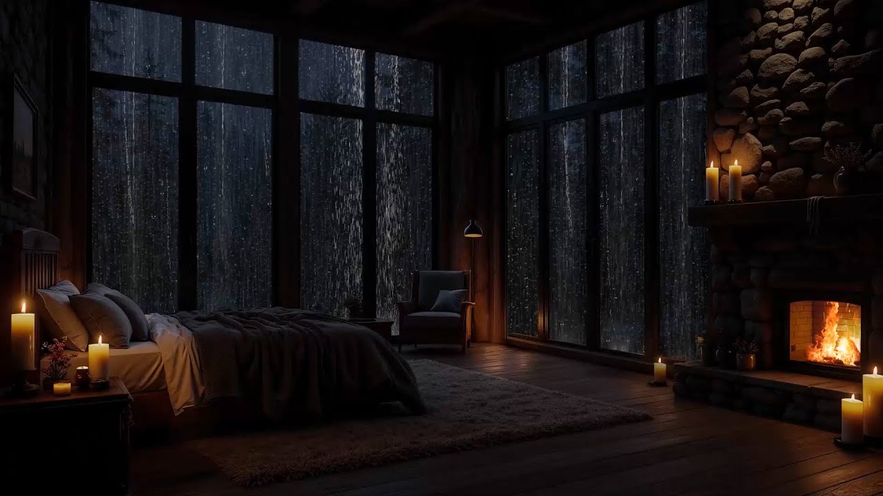 Rainy Night with Thunder & Fire Sounds | Cozy Bedroom Ambience for Relaxation Mind, Deep Sleep